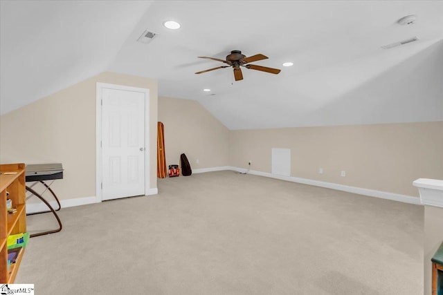 109 Amberleaf Way, Simpsonville, SC 29681 - bonus room featuring a ceiling fan, vaulted ceiling, light colored carpet, and recessed lighting