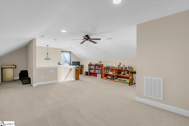 109 Amberleaf Way, Simpsonville, SC 29681 - playroom featuring lofted ceiling, ceiling fan, and light colored carpet
