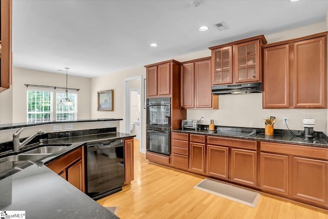 109 Amberleaf Way, Simpsonville, SC 29681 - kitchen with black appliances, under cabinet range hood, light wood-style floors, brown cabinets, and recessed lighting