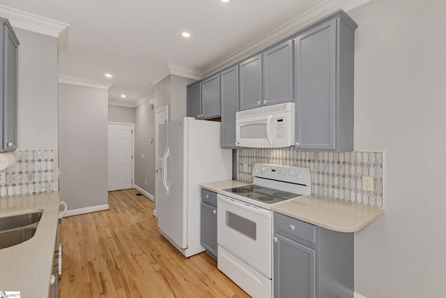 10 Parkcrest Ct, Simpsonville, SC 29681 - kitchen featuring white appliances, gray cabinets, ornamental molding, recessed lighting, and tasteful backsplash