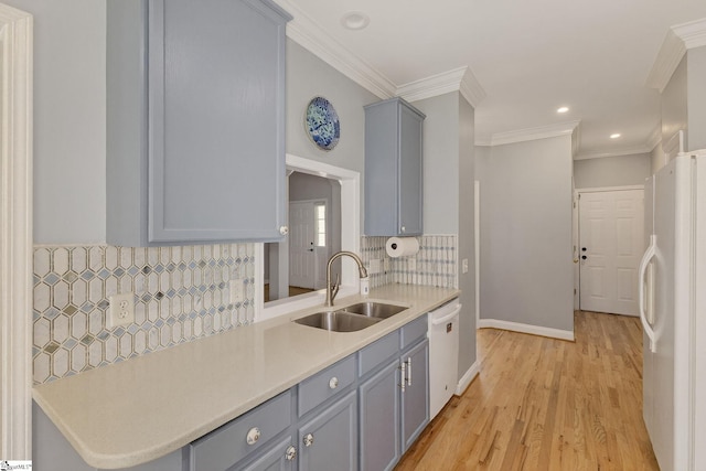 10 Parkcrest Ct, Simpsonville, SC 29681 - kitchen featuring white appliances, gray cabinets, crown molding, decorative backsplash, and light countertops