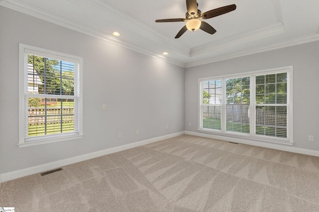 10 Parkcrest Ct, Simpsonville, SC 29681 - empty room featuring crown molding, light carpet, a ceiling fan, a tray ceiling, and recessed lighting