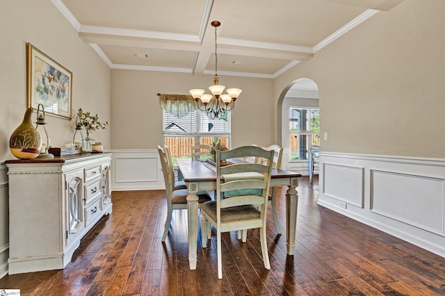 112 Cameron Creek Ln, Simpsonville, SC 29681 - dining room featuring arched walkways, dark wood-type flooring, coffered ceiling, ornamental molding, and a chandelier
