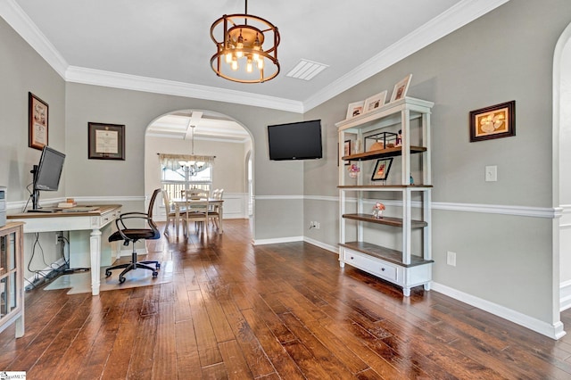 112 Cameron Creek Ln, Simpsonville, SC 29681 - office space with arched walkways, a chandelier, hardwood / wood-style flooring, and ornamental molding