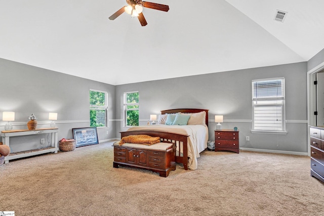 112 Cameron Creek Ln, Simpsonville, SC 29681 - carpeted bedroom featuring high vaulted ceiling and a ceiling fan
