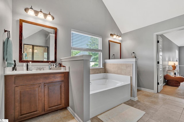 112 Cameron Creek Ln, Simpsonville, SC 29681 - bathroom with a garden tub, vanity, tile patterned floors, and high vaulted ceiling