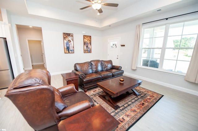 111 Caylee Way, Chesnee, SC 29323 - living room with a tray ceiling, a ceiling fan, and wood finished floors
