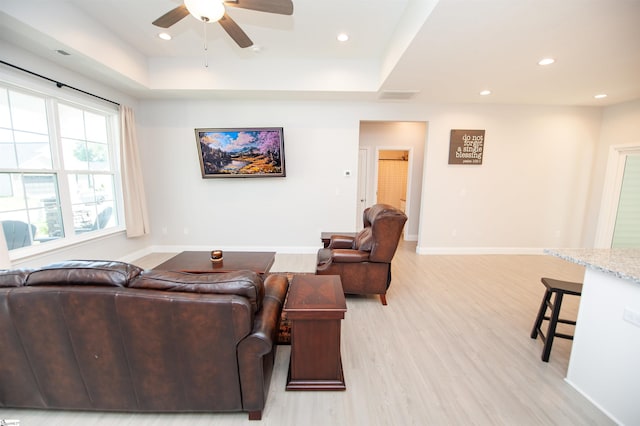 111 Caylee Way, Chesnee, SC 29323 - living room with ceiling fan, light wood-style floors, recessed lighting, and a raised ceiling