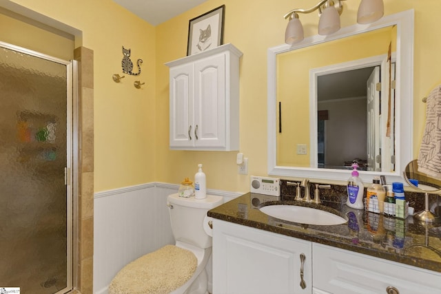 306 Verner Dr, Greenville, SC 29617 - bathroom with vanity, a wainscoted wall, and a stall shower