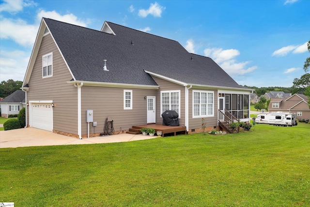 101 Edens Garden Way, Six Mile, SC 29682 - back of house featuring a sunroom, a lawn, a garage, roof with shingles, and a deck