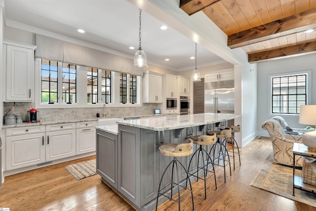 155 Village Point Dr, Sunset, SC 29685 - kitchen featuring built in appliances, a center island, tasteful backsplash, white cabinetry, and beamed ceiling