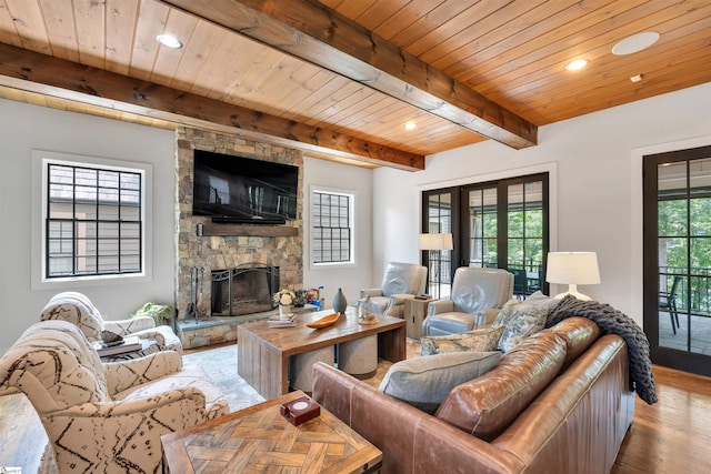 155 Village Point Dr, Sunset, SC 29685 - living room featuring wood finished floors, a wooden ceiling with exposed beams, a fireplace, and recessed lighting