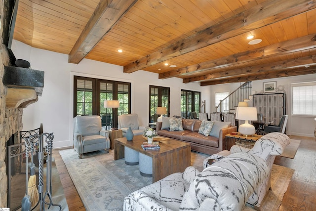 155 Village Point Dr, Sunset, SC 29685 - living room featuring wood finished floors, a wooden ceiling with exposed beams, french doors, a stone fireplace, and recessed lighting