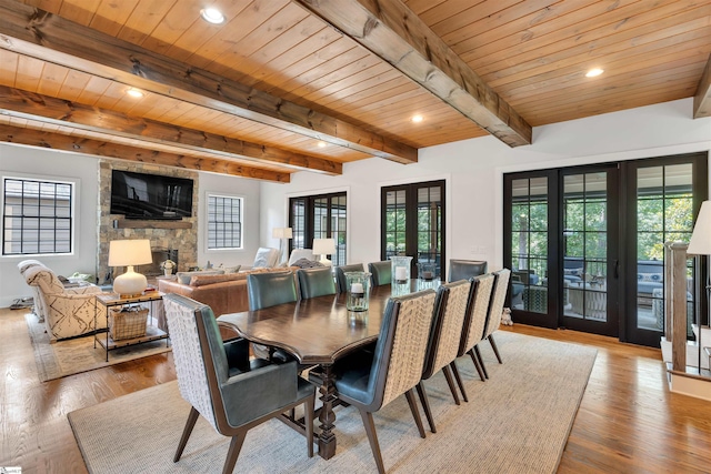 155 Village Point Dr, Sunset, SC 29685 - dining room featuring a wooden ceiling with exposed beams, french doors, plenty of natural light, wood finished floors, and recessed lighting