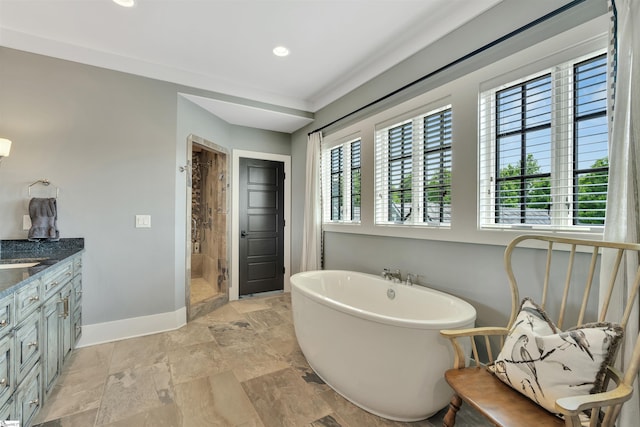155 Village Point Dr, Sunset, SC 29685 - bathroom with a shower stall, vanity, a freestanding tub, recessed lighting, and stone finish floors