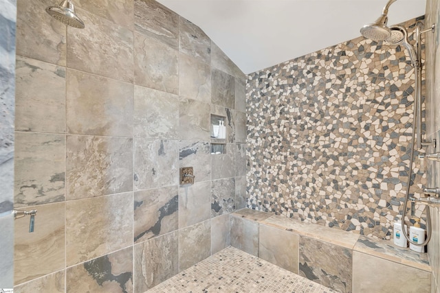 155 Village Point Dr, Sunset, SC 29685 - bathroom featuring vaulted ceiling and tiled shower