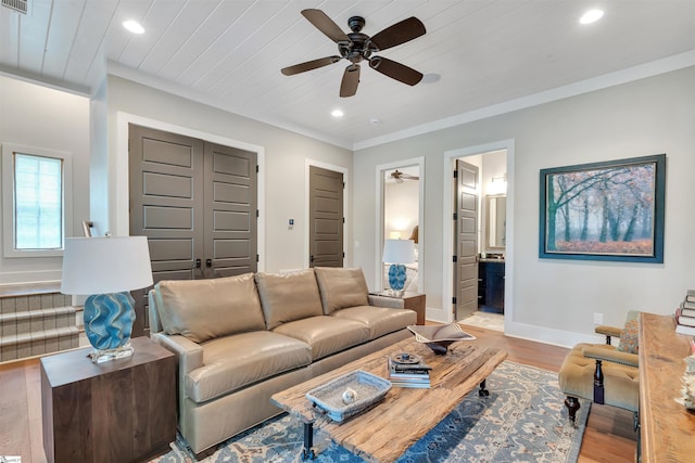 155 Village Point Dr, Sunset, SC 29685 - living room featuring a ceiling fan, wood finished floors, recessed lighting, wooden ceiling, and crown molding