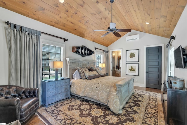 155 Village Point Dr, Sunset, SC 29685 - bedroom featuring lofted ceiling, wood finished floors, a wall mounted AC, wooden ceiling, and a ceiling fan