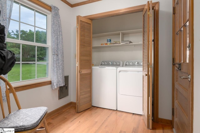 14 Rollingreen Rd, Greer, SC 29651 - laundry room with independent washer and dryer, light wood-style floors, healthy amount of natural light, and ornamental molding