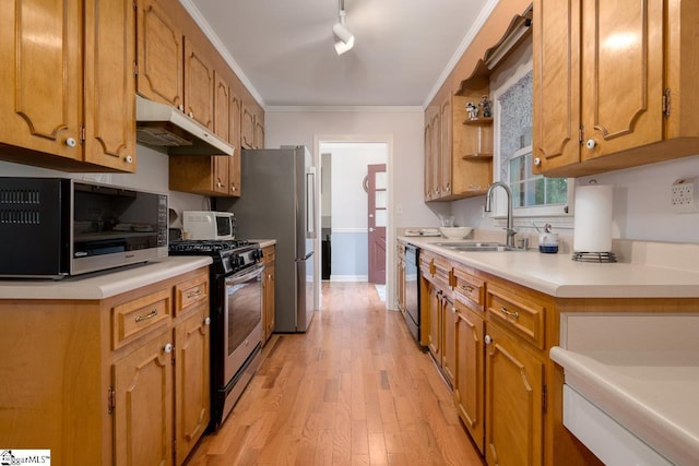 14 Rollingreen Rd, Greer, SC 29651 - kitchen with stainless steel appliances, under cabinet range hood, crown molding, light wood finished floors, and open shelves