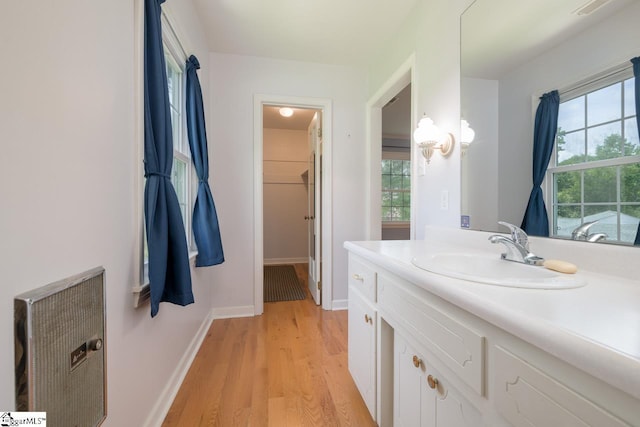 14 Rollingreen Rd, Greer, SC 29651 - bathroom featuring vanity, wood finished floors, heating unit, and a walk in closet