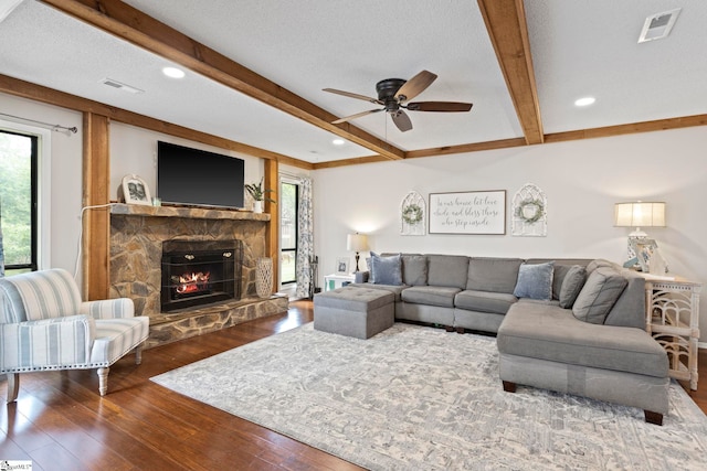 522 Reid School Rd, Taylors, SC 29687 - living room with beamed ceiling, ceiling fan, a fireplace, wood finished floors, and recessed lighting