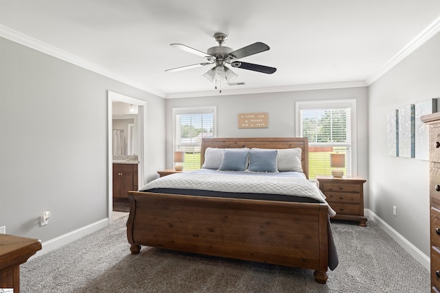 417 Addison Cir, Pelzer, SC 29669 - carpeted bedroom featuring crown molding, multiple windows, ceiling fan, and ensuite bathroom
