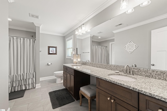 417 Addison Cir, Pelzer, SC 29669 - bathroom featuring double vanity, crown molding, a shower with shower curtain, and tile patterned flooring