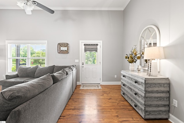417 Addison Cir, Pelzer, SC 29669 - living room featuring hardwood / wood-style floors, healthy amount of natural light, a ceiling fan, a towering ceiling, and ornamental molding