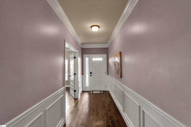 412 Aschoff Ct, Simpsonville, SC 29680 - doorway to outside with a decorative wall, ornamental molding, a wainscoted wall, and dark wood-style flooring