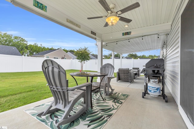 118 Sylvester St, Fountain Inn, SC 29644 - fenced backyard featuring a ceiling fan, a patio area, and a grill