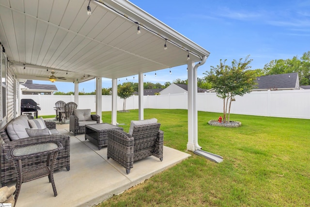 118 Sylvester St, Fountain Inn, SC 29644 - fenced backyard featuring a ceiling fan, a patio, an outdoor living space, and a grill