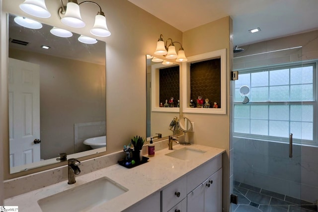 11 Hickory Hollow Ct, Greenville, SC 29607 - bathroom featuring a shower stall, double vanity, and tile patterned floors