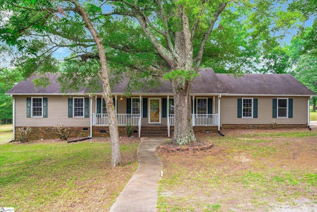 10628 Augusta Rd, Belton, SC 29627 - ranch-style home with crawl space, covered porch, a front lawn, and a shingled roof
