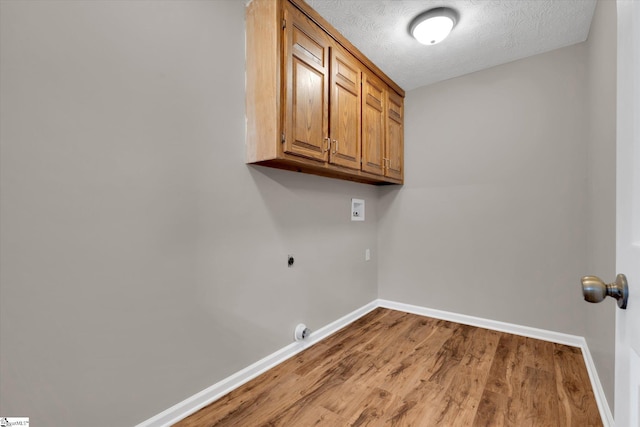 10628 Augusta Rd, Belton, SC 29627 - washroom featuring hookup for an electric dryer, cabinet space, light wood-type flooring, washer hookup, and a textured ceiling