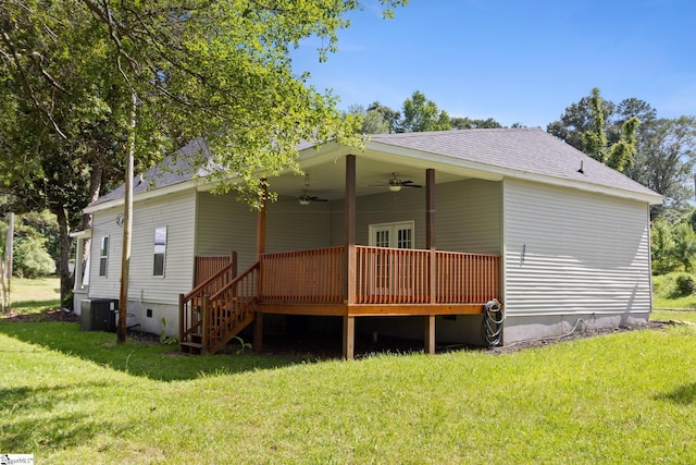 904 W Hampton St, Laurens, SC 29360 - back of house featuring a ceiling fan, a lawn, a shingled roof, a deck, and stairs