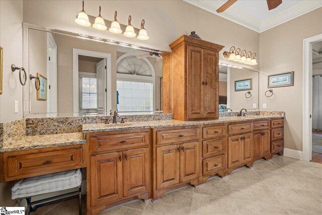 112 Griffith Hill Way, Greer, SC 29650 - bathroom featuring ceiling fan, ornamental molding, and double vanity