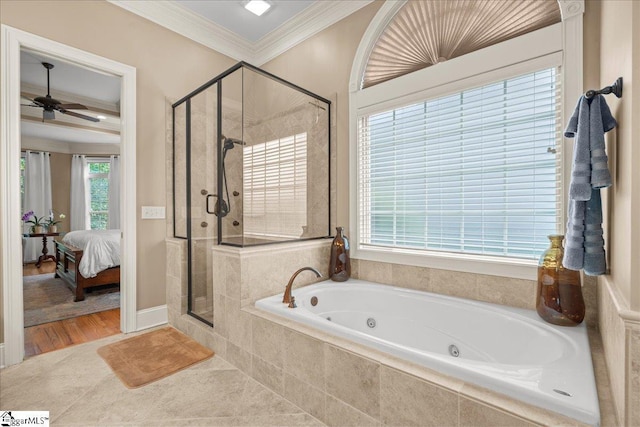 112 Griffith Hill Way, Greer, SC 29650 - bathroom with a tub with jets, a shower stall, ornamental molding, ensuite bath, and a ceiling fan