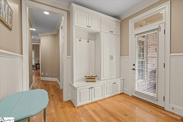 112 Griffith Hill Way, Greer, SC 29650 - mudroom featuring ornamental molding, wainscoting, light wood-style flooring, and a decorative wall