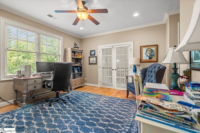 112 Griffith Hill Way, Greer, SC 29650 - home office featuring a ceiling fan, wood finished floors, ornamental molding, and recessed lighting