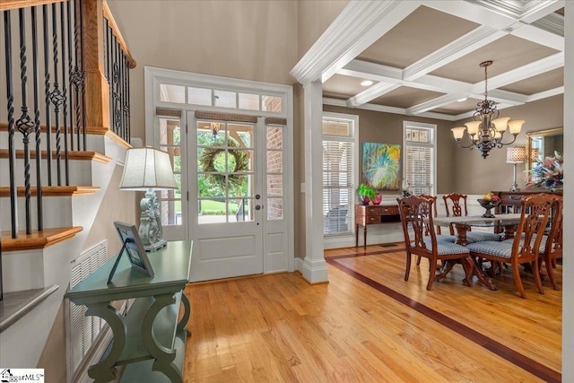 112 Griffith Hill Way, Greer, SC 29650 - foyer featuring light wood finished floors, stairway, coffered ceiling, beamed ceiling, and a chandelier