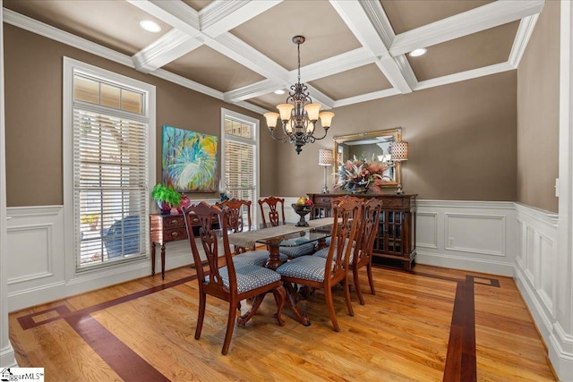112 Griffith Hill Way, Greer, SC 29650 - dining room featuring coffered ceiling, a chandelier, light wood finished floors, beam ceiling, and a wainscoted wall