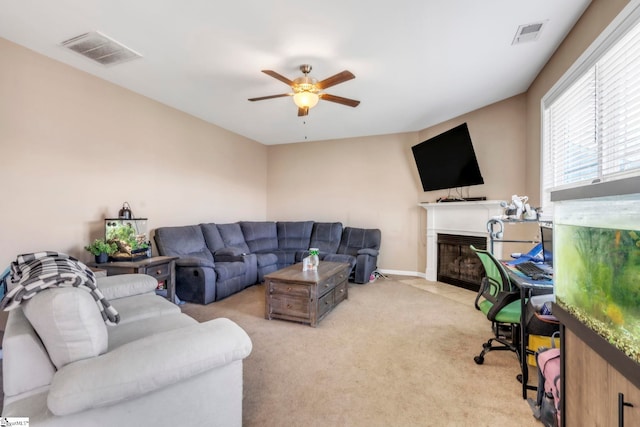 8 Rivanna Dr, Anderson, SC 29625 - living area featuring a ceiling fan, a fireplace with flush hearth, and carpet