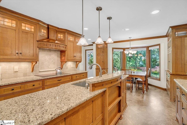 502 Sugar Valley Ct, Greer, SC 29650 - kitchen featuring black electric cooktop, decorative backsplash, glass insert cabinets, pendant lighting, and recessed lighting