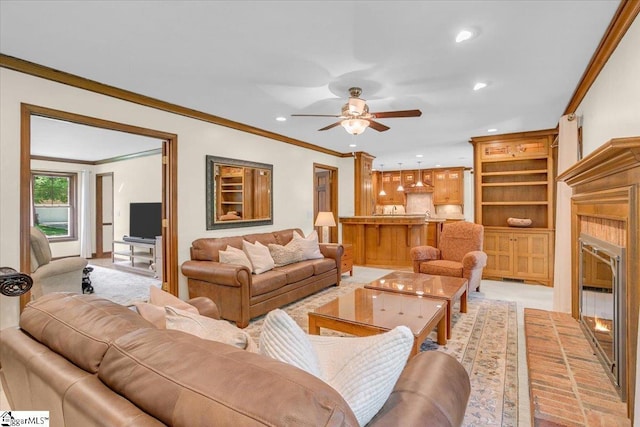502 Sugar Valley Ct, Greer, SC 29650 - living area with a fireplace, ornamental molding, recessed lighting, ceiling fan, and light colored carpet