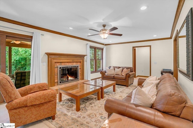 502 Sugar Valley Ct, Greer, SC 29650 - living room featuring ornamental molding, recessed lighting, ceiling fan, and a fireplace