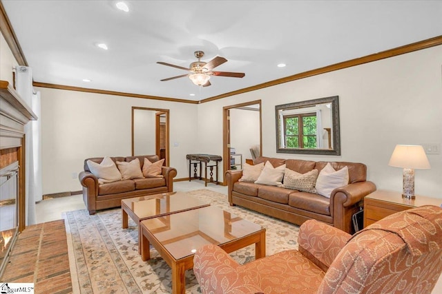 502 Sugar Valley Ct, Greer, SC 29650 - living area with recessed lighting, a ceiling fan, a glass covered fireplace, and crown molding