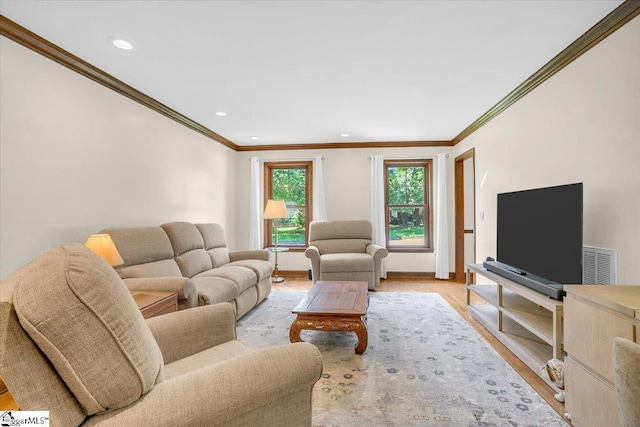 502 Sugar Valley Ct, Greer, SC 29650 - living room featuring ornamental molding, light wood finished floors, and recessed lighting
