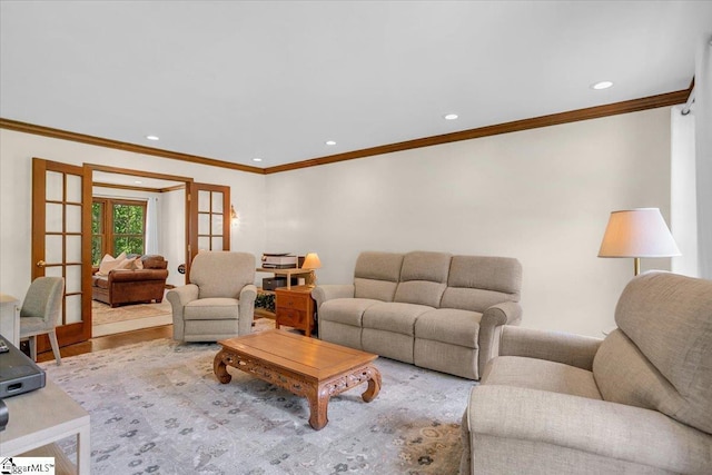 502 Sugar Valley Ct, Greer, SC 29650 - living room with ornamental molding, recessed lighting, wood finished floors, and french doors