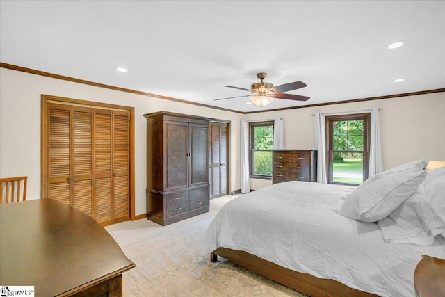 502 Sugar Valley Ct, Greer, SC 29650 - bedroom featuring recessed lighting, a closet, crown molding, light carpet, and a ceiling fan